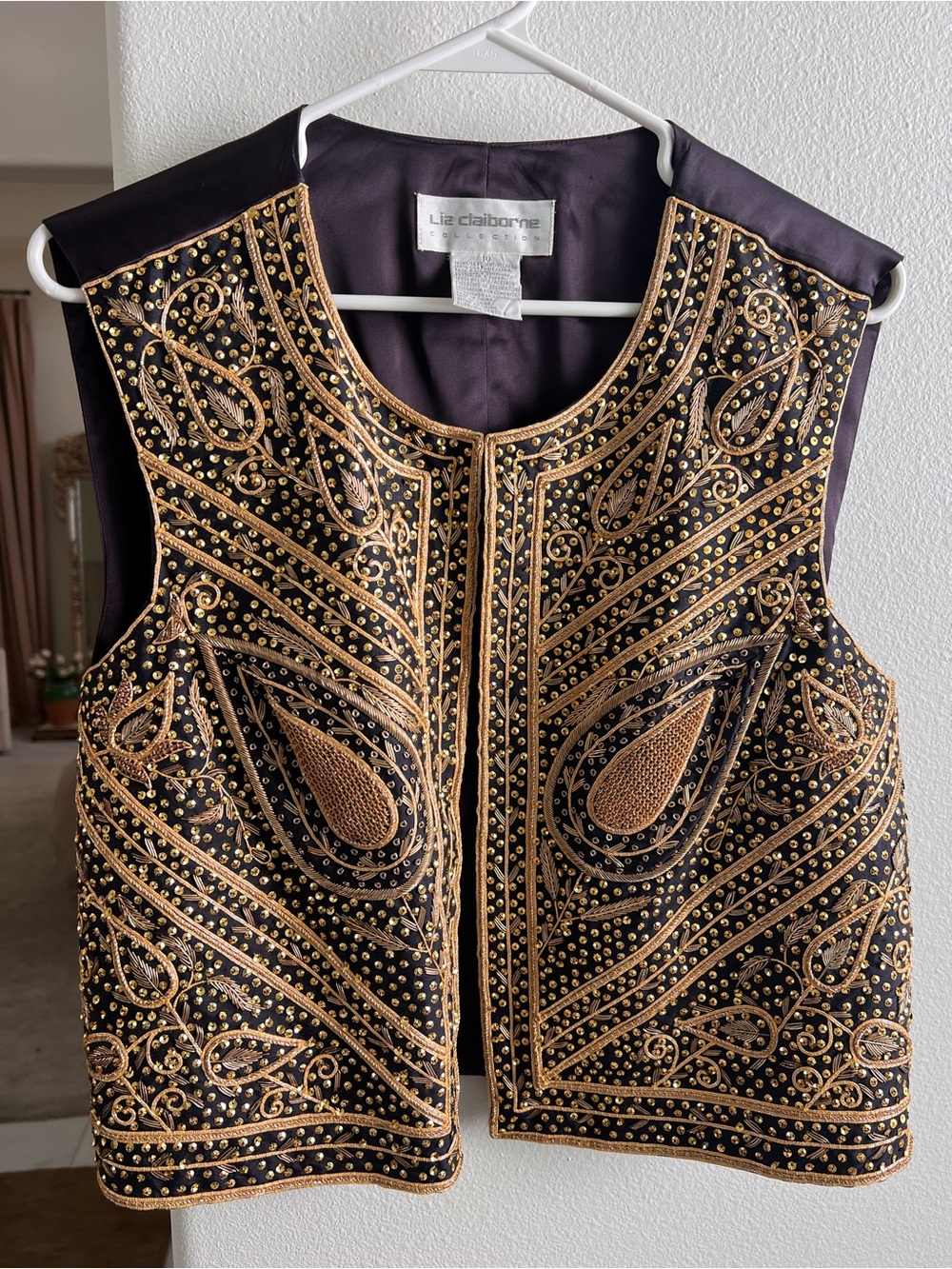 Liz Claiborne Black & Gold Embroidered Vest
